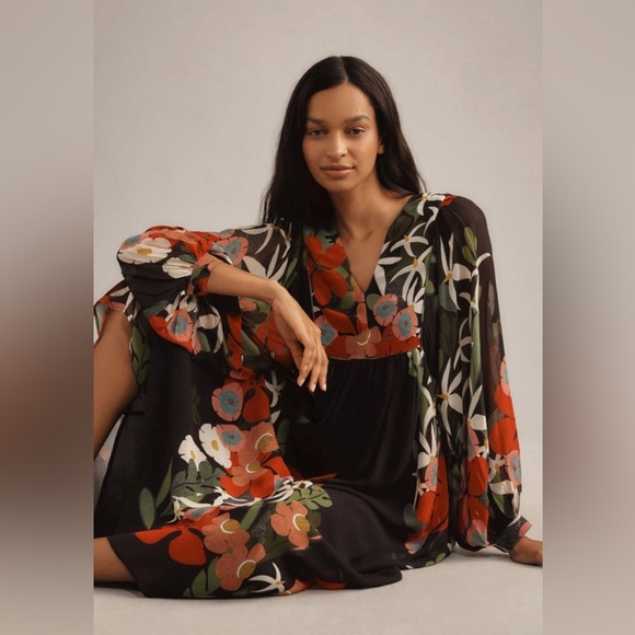 Farm Rio size XS Silk Floral Long Sleeve Maxi Dress, balloon sleeves - Picture 3 of 12